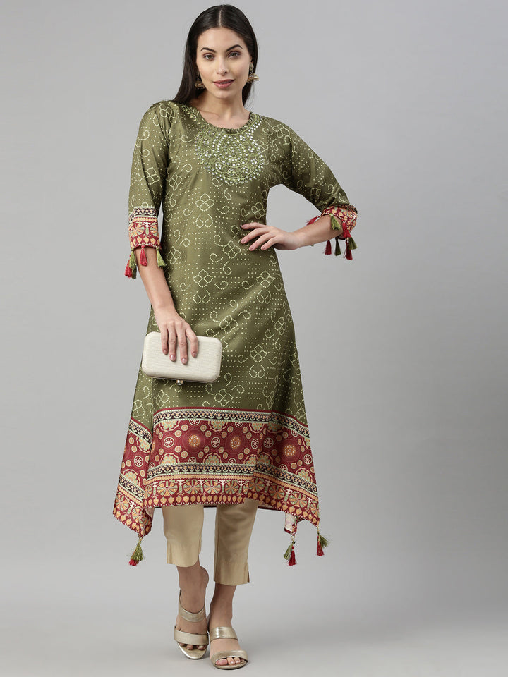 Neerus Green cotton printed anarkali kurta - detail view 3
