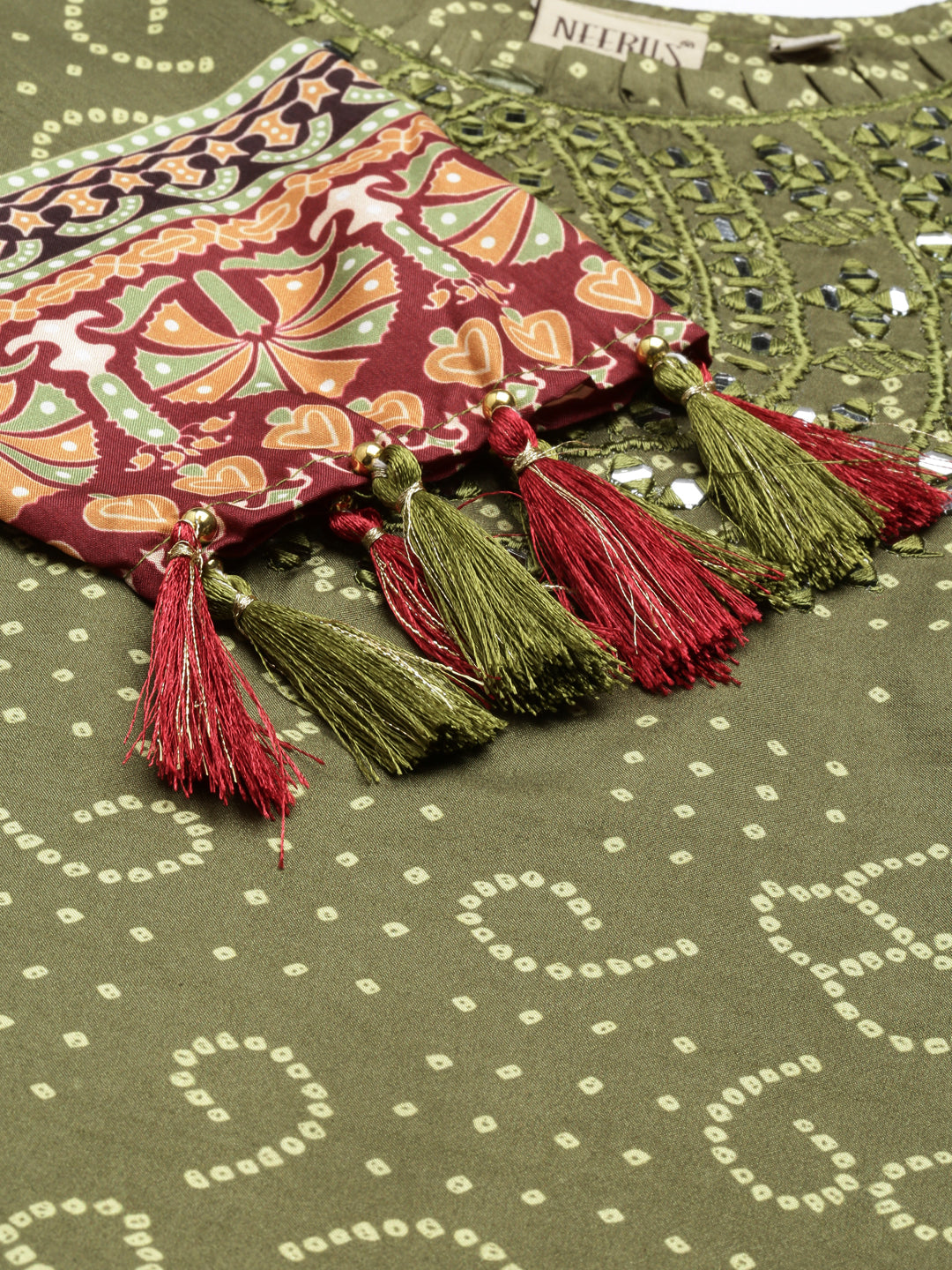 Neerus Green cotton printed anarkali kurta - detail view 4