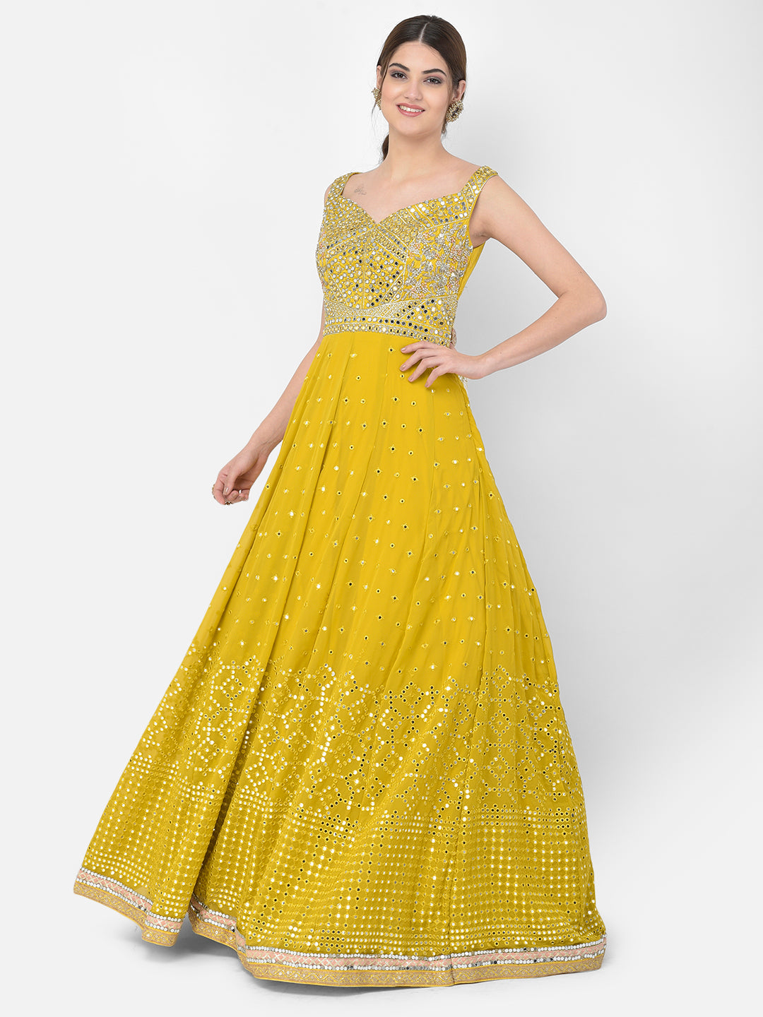 Neerus Yellow georgette mirror work gown with dupatta - detail view 4