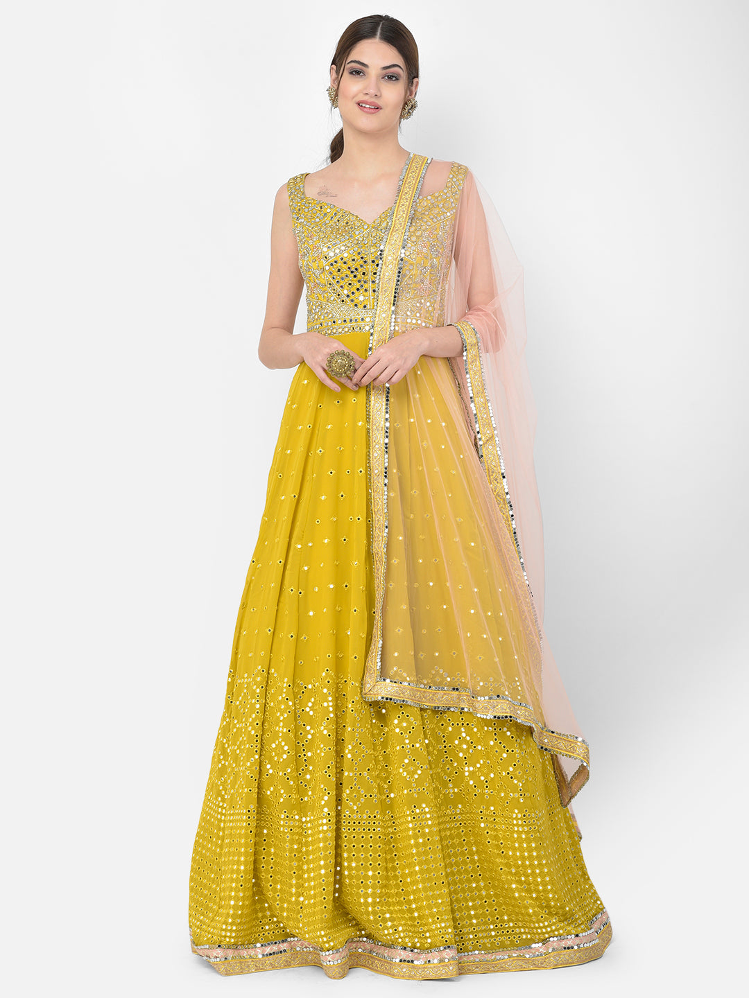 Neerus Yellow georgette mirror work gown with dupatta - front view