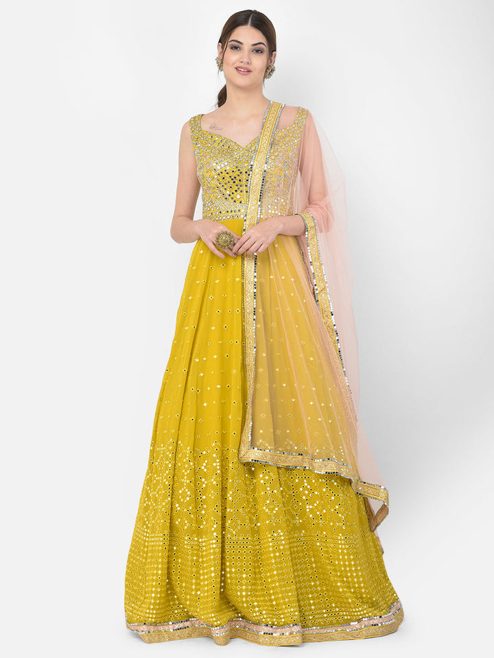 Neerus Yellow georgette mirror work gown with dupatta - front view