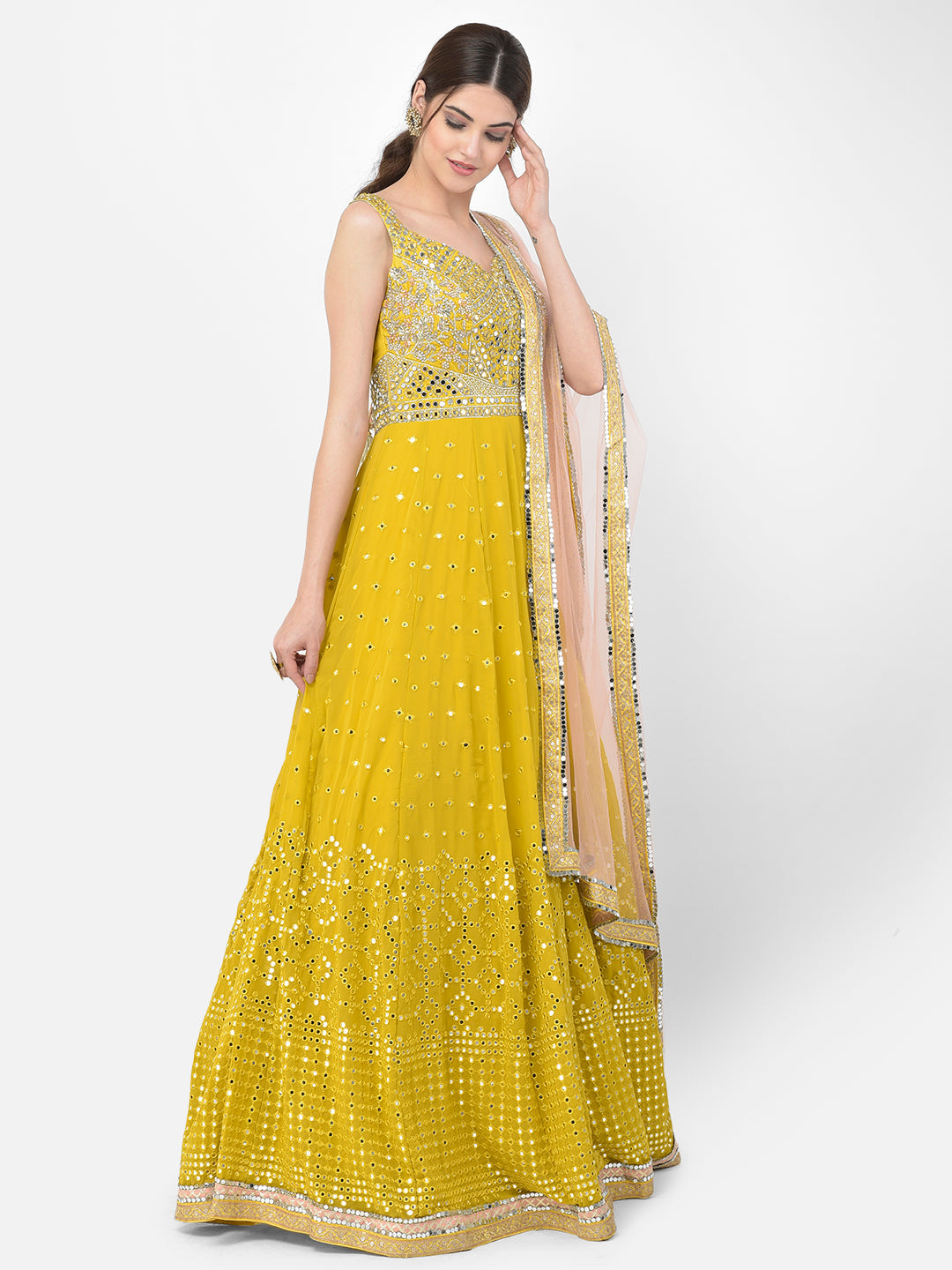 Neerus Yellow georgette mirror work gown with dupatta - side view