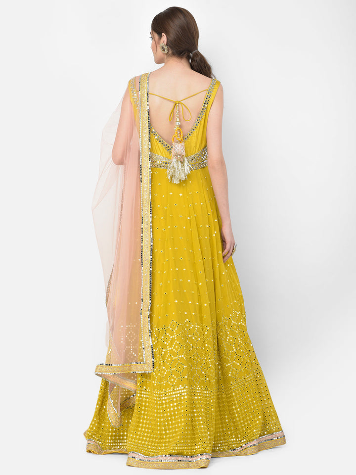 Neerus Yellow georgette mirror work gown with dupatta - detail view 1