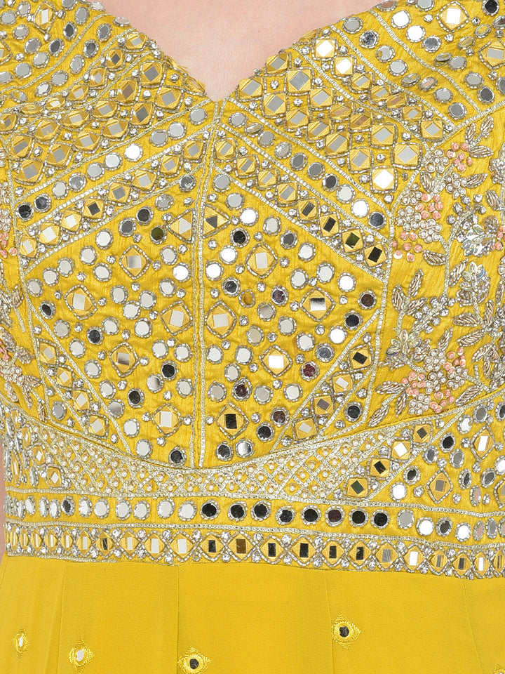Neerus Yellow georgette mirror work gown with dupatta - detail view 2