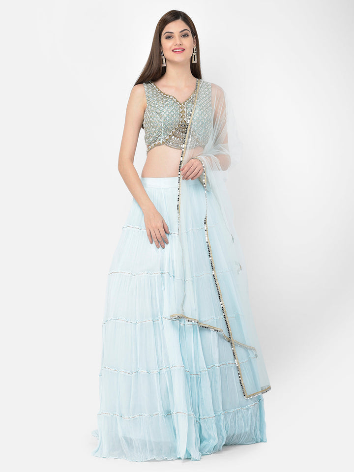 Neerus Blue georgette embellished lehenga choli set - detail view 4