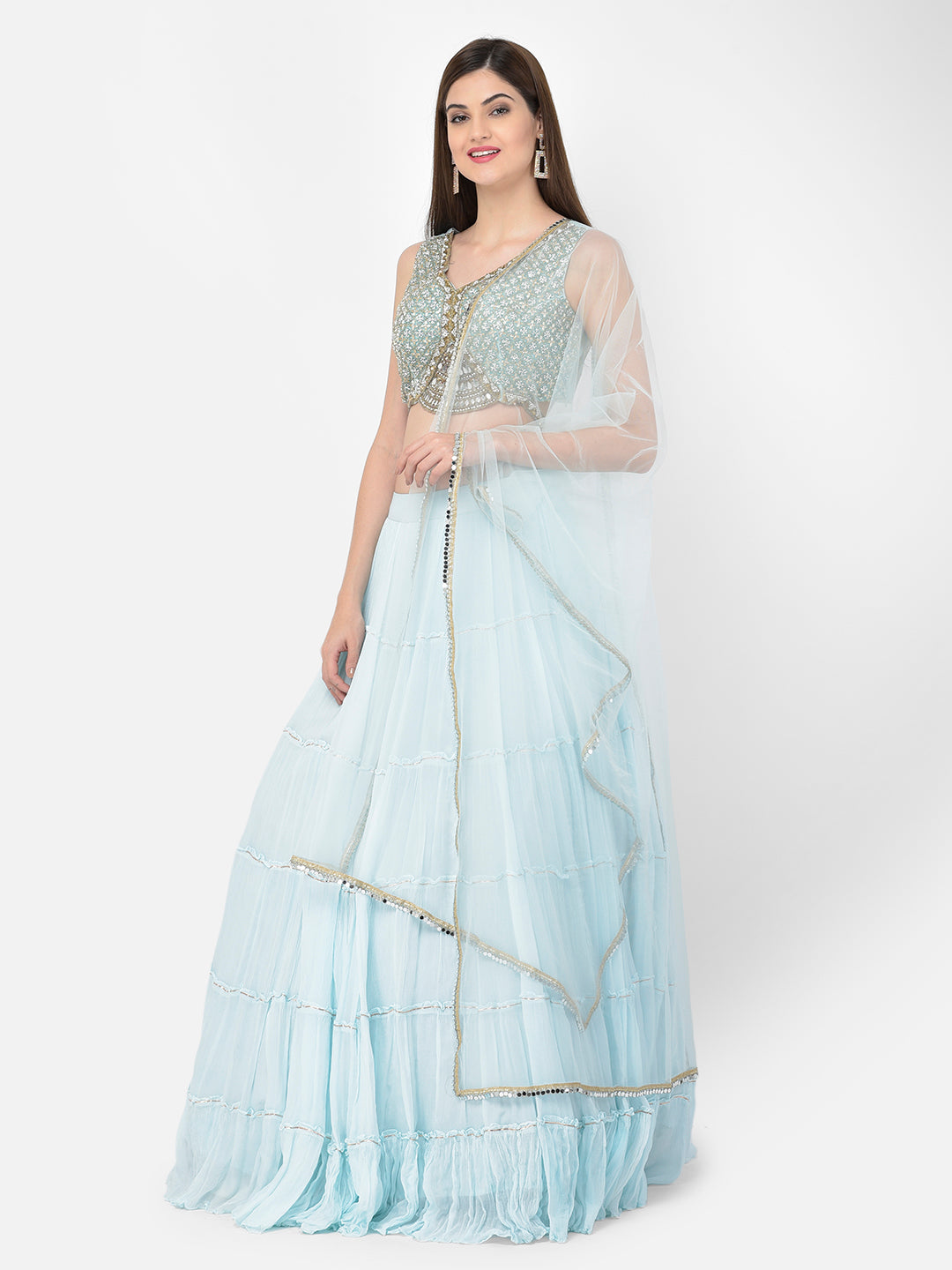 Neerus Blue georgette embellished lehenga choli set - front view