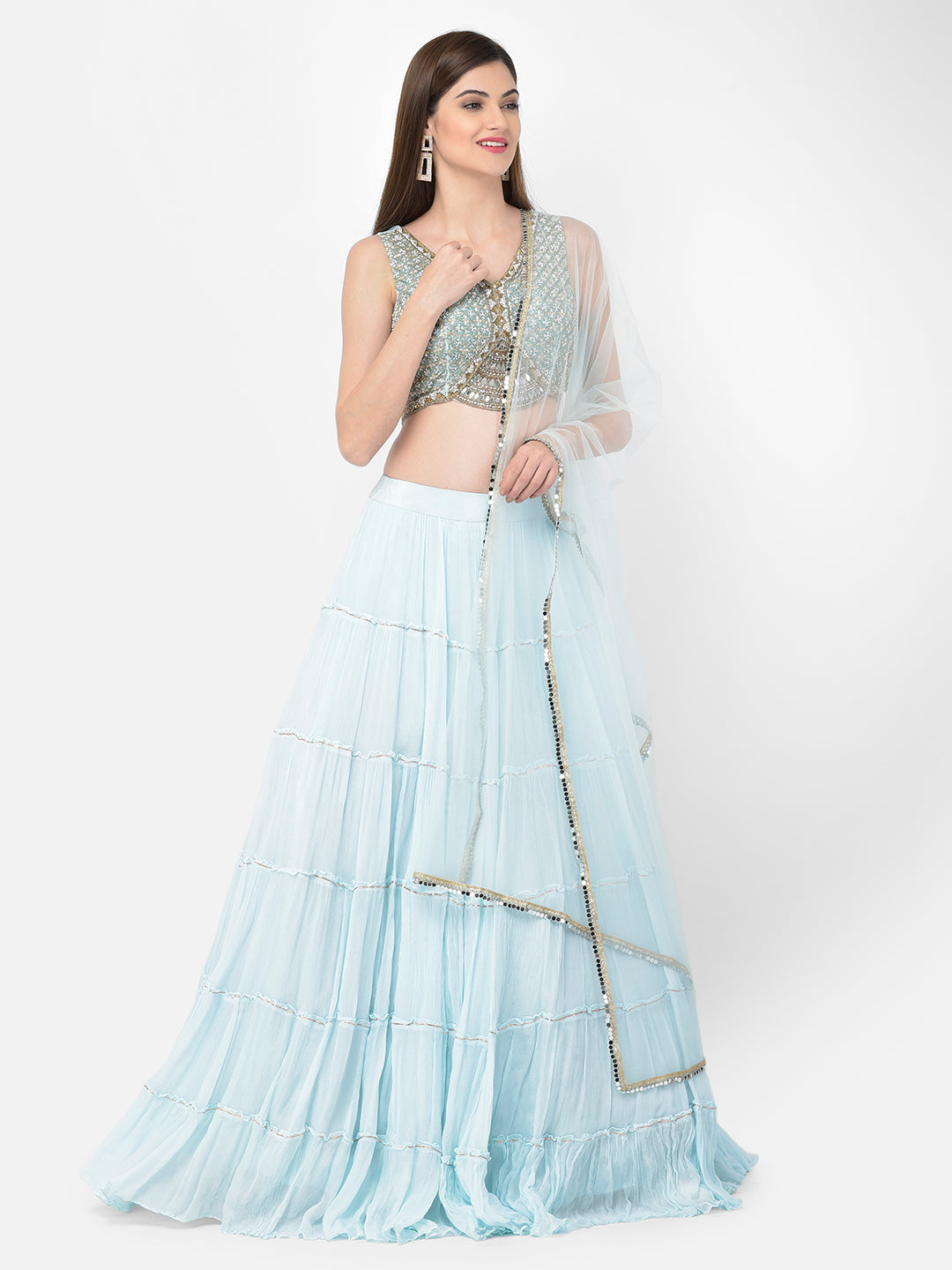 Neerus Blue georgette embellished lehenga choli set - back view