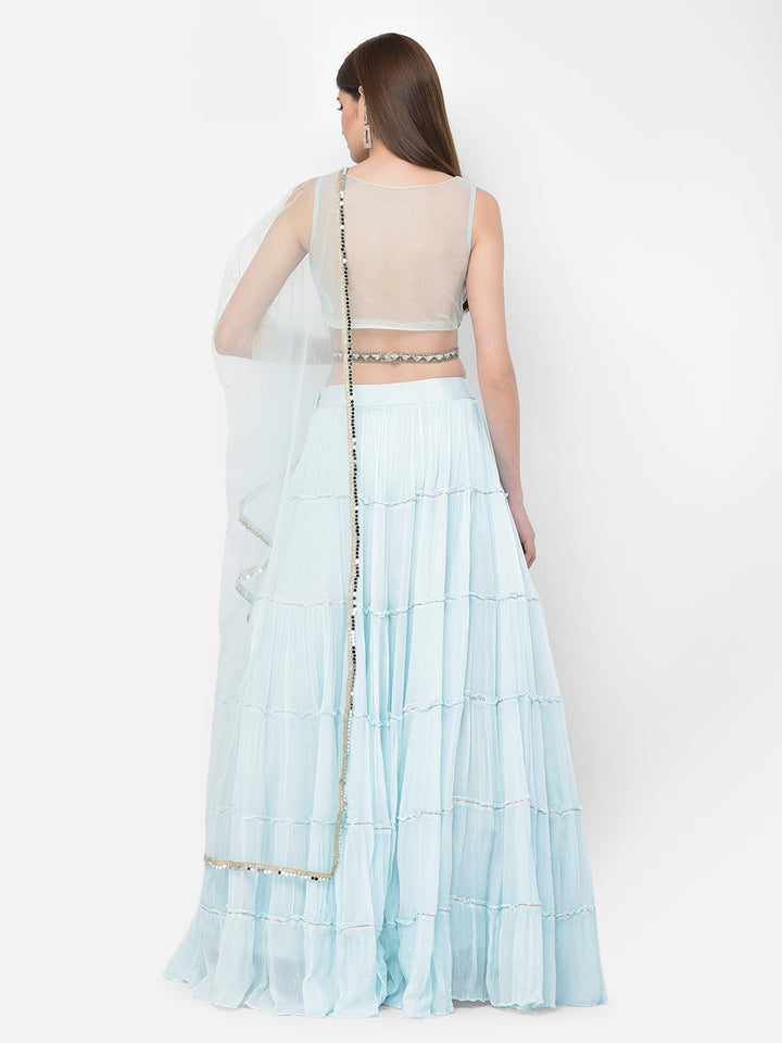 Neerus Blue georgette embellished lehenga choli set - side view
