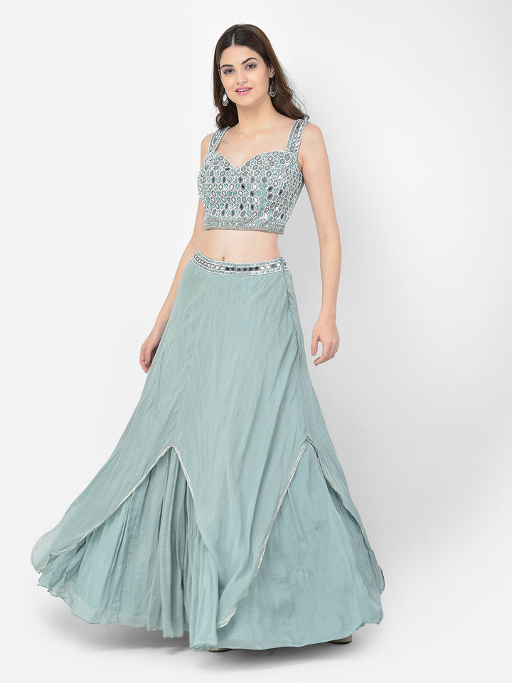 Neerus Green chiffon mirror work lehenga choli - detail view 5