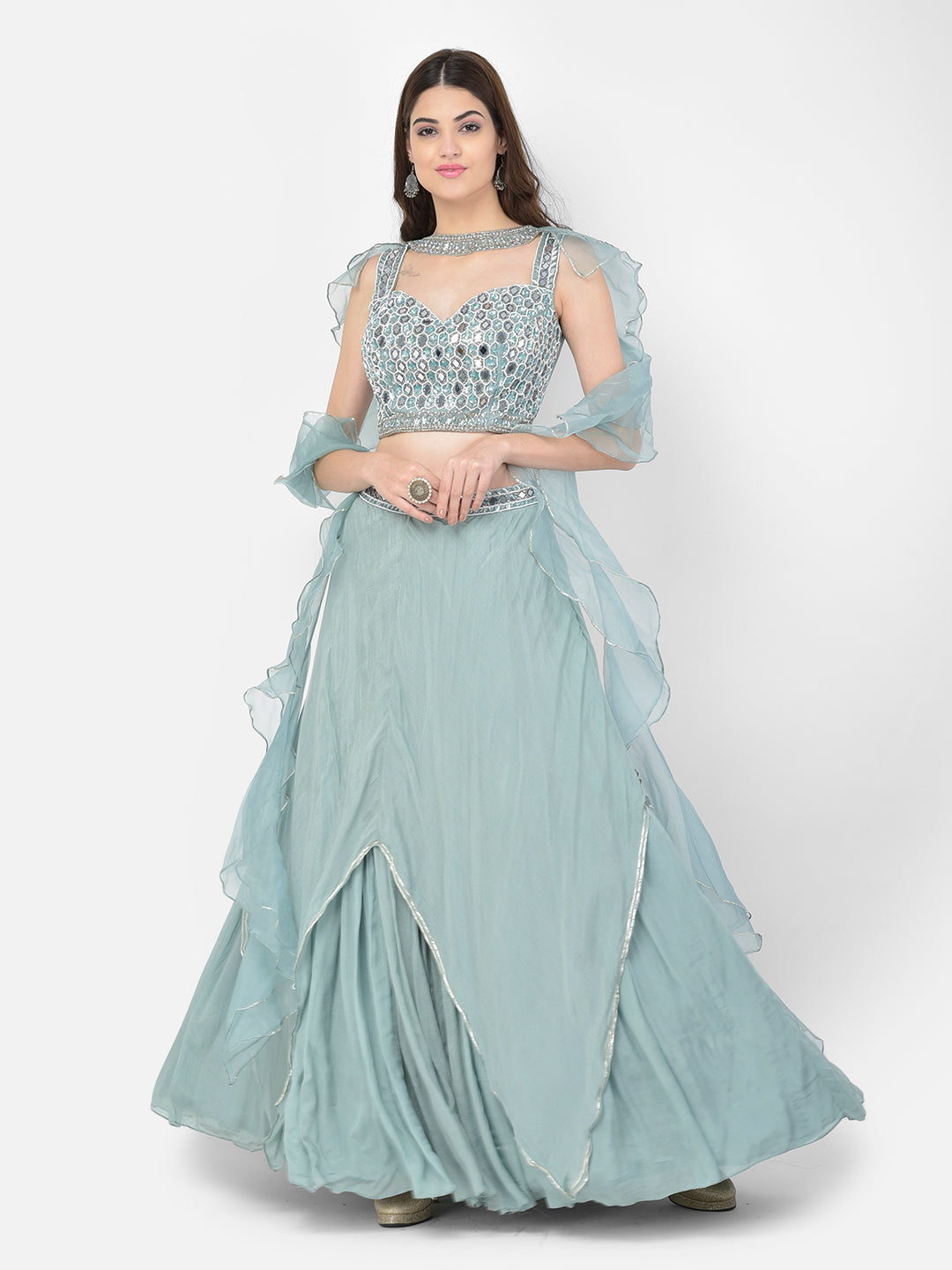 Neerus Green chiffon mirror work lehenga choli - front view