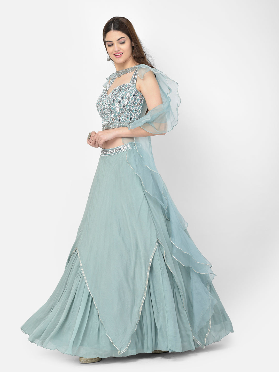 Neerus Green chiffon mirror work lehenga choli - back view