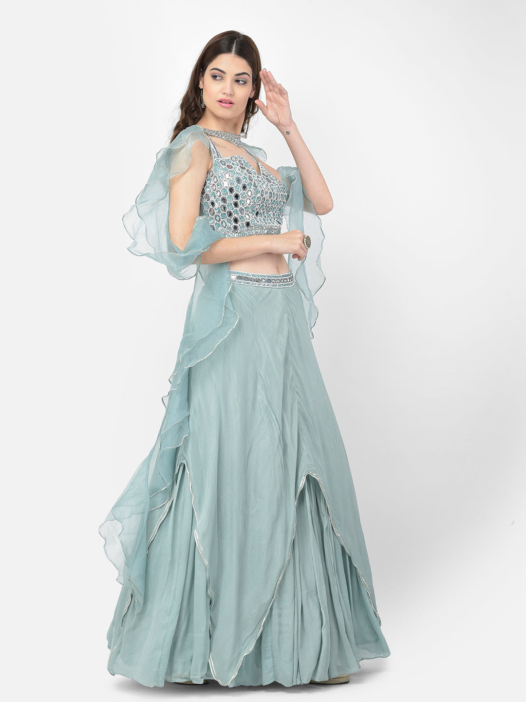 Neerus Green chiffon mirror work lehenga choli - side view
