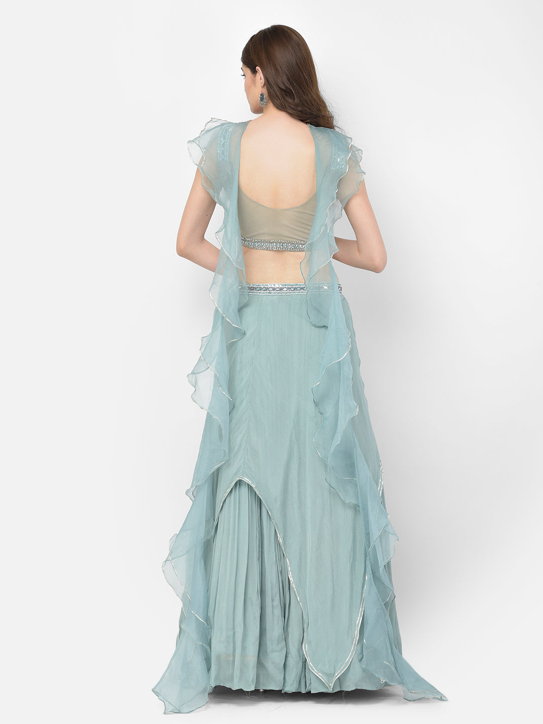 Neerus Green chiffon mirror work lehenga choli - detail view 1