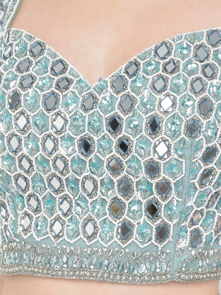 Neerus Green chiffon mirror work lehenga choli - detail view 3