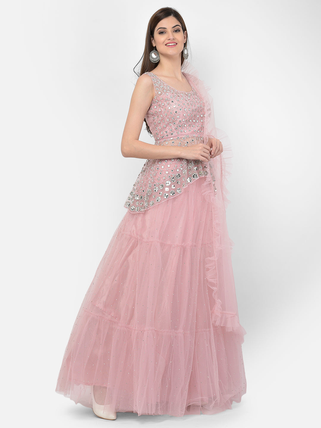 Neerus Pink net embellished lehenga choli set - detail view 1