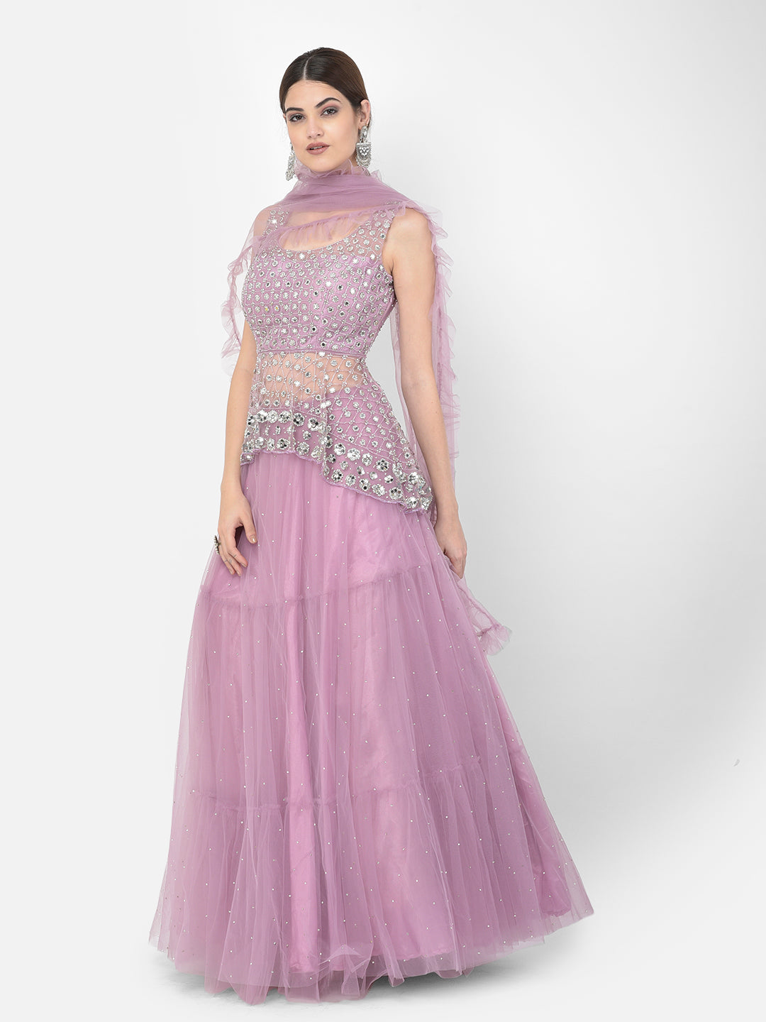 Neerus Purple net embellished kurta set - back view