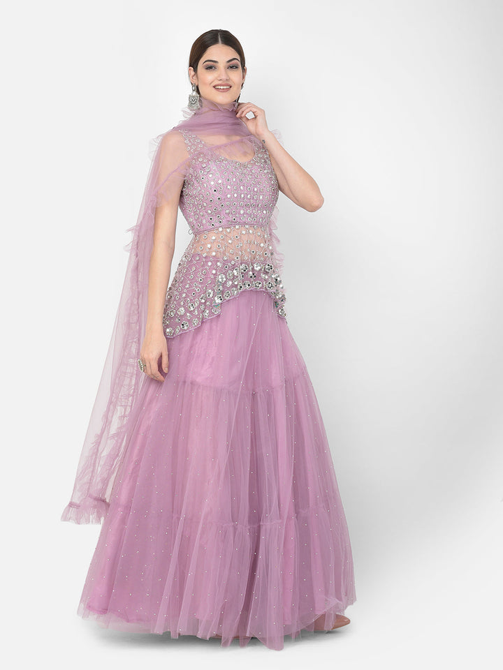 Neerus Purple net embellished kurta set - side view