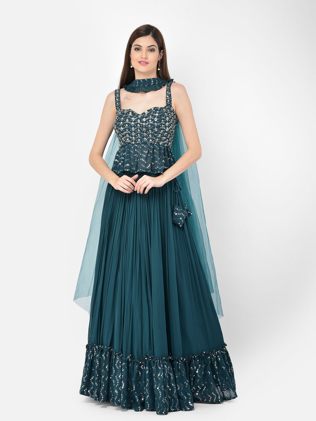 Neerus Blue Georgette Embellished Lehenga Choli - back view