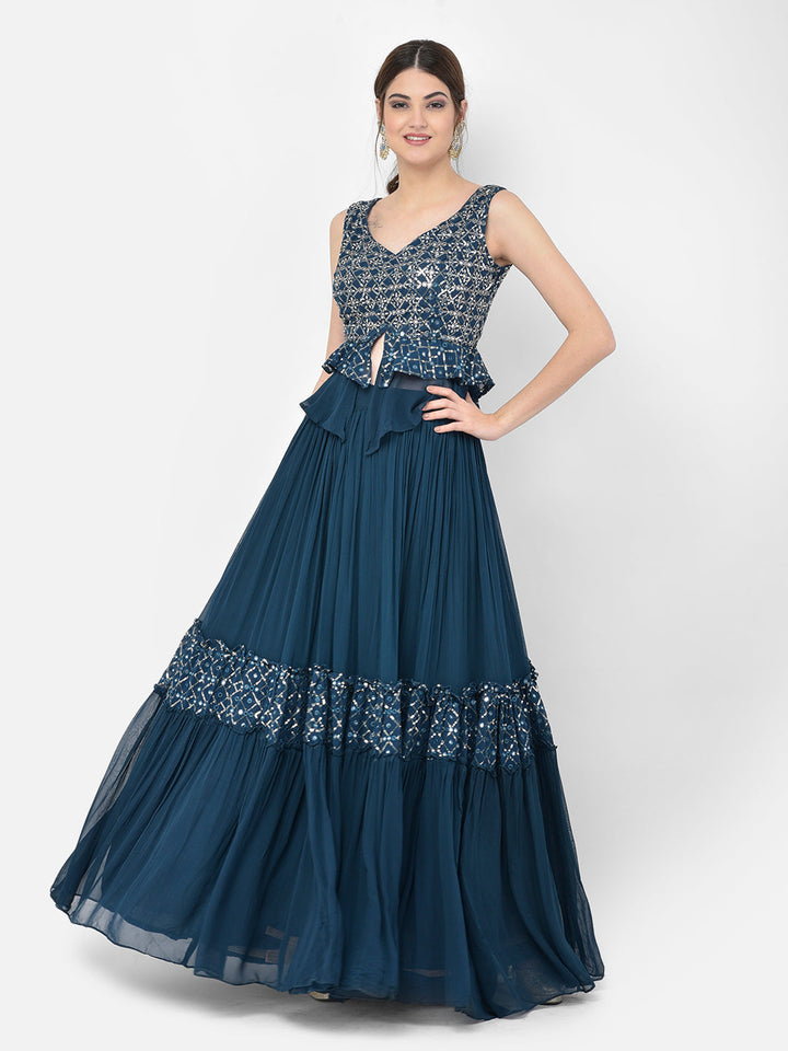 Neerus Blue Georgette Embellished Kurta Set - detail view 6
