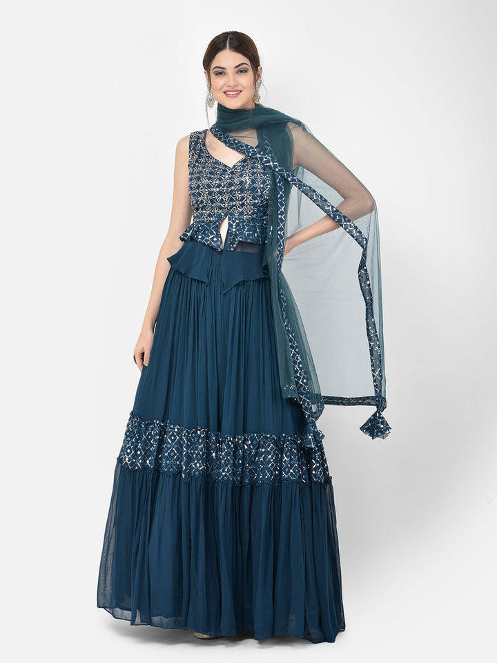 Neerus Blue Georgette Embellished Kurta Set - back view