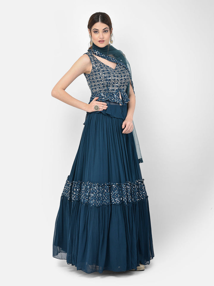Neerus Blue Georgette Embellished Kurta Set - detail view 1