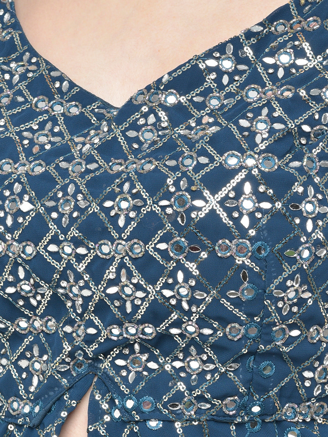 Neerus Blue Georgette Embellished Kurta Set - detail view 3