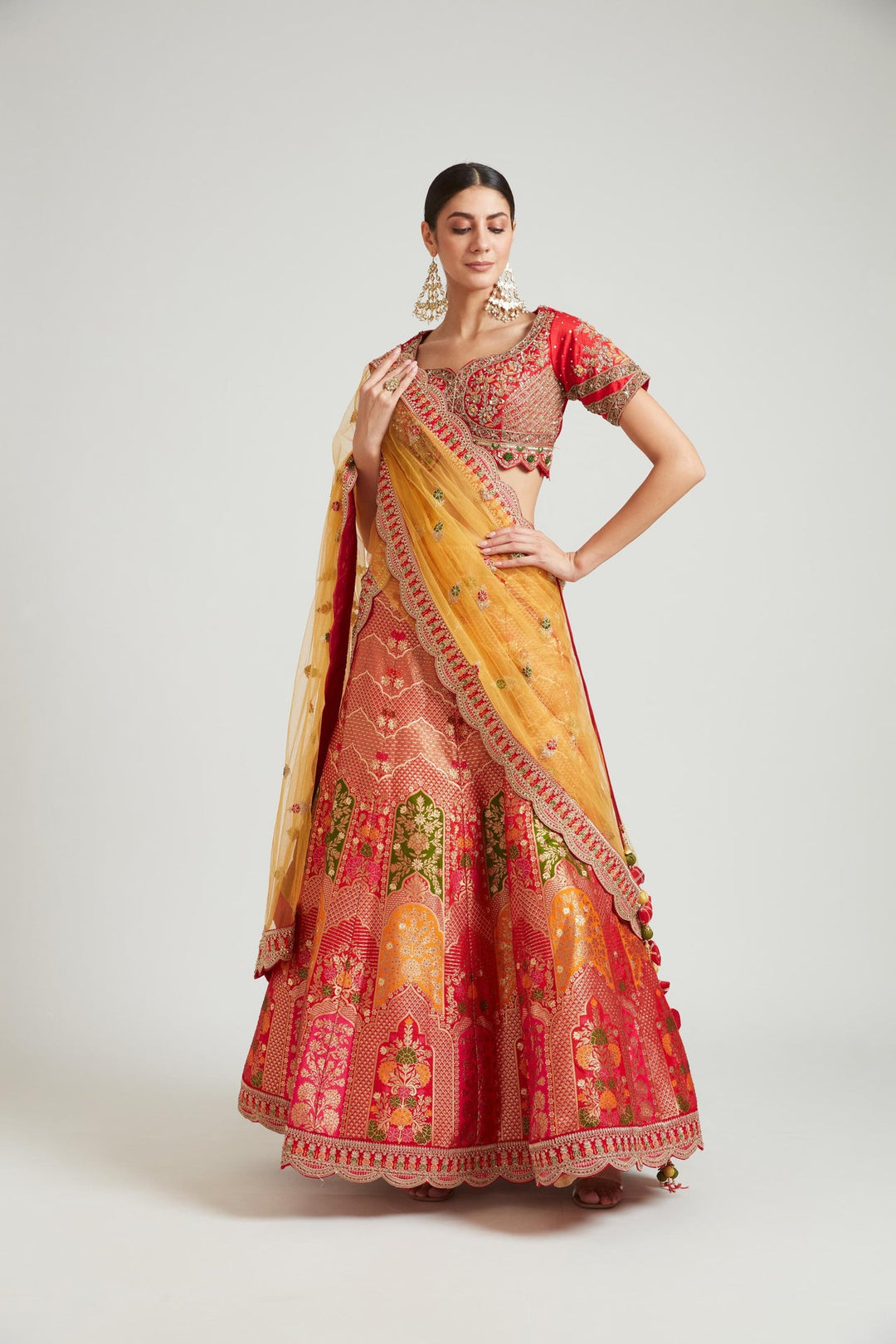 Neerus Red Banarasi woven lehenga choli set - front view