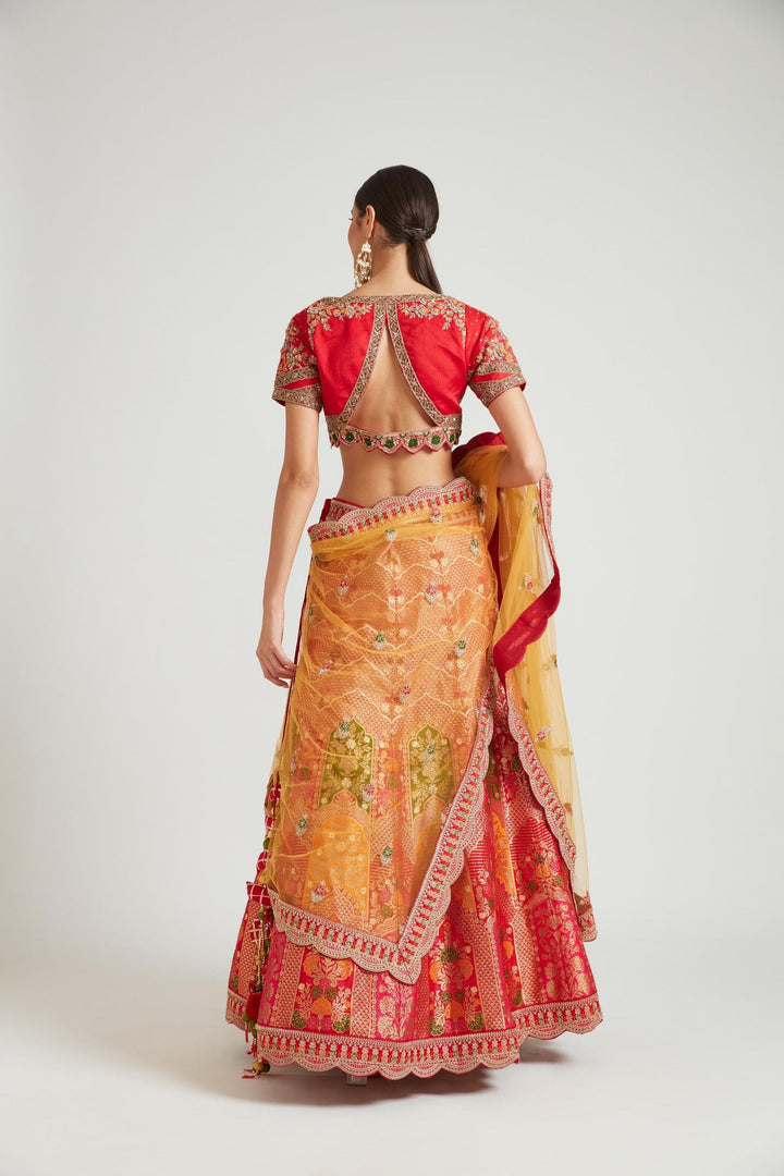 Neerus Red Banarasi woven lehenga choli set - side view