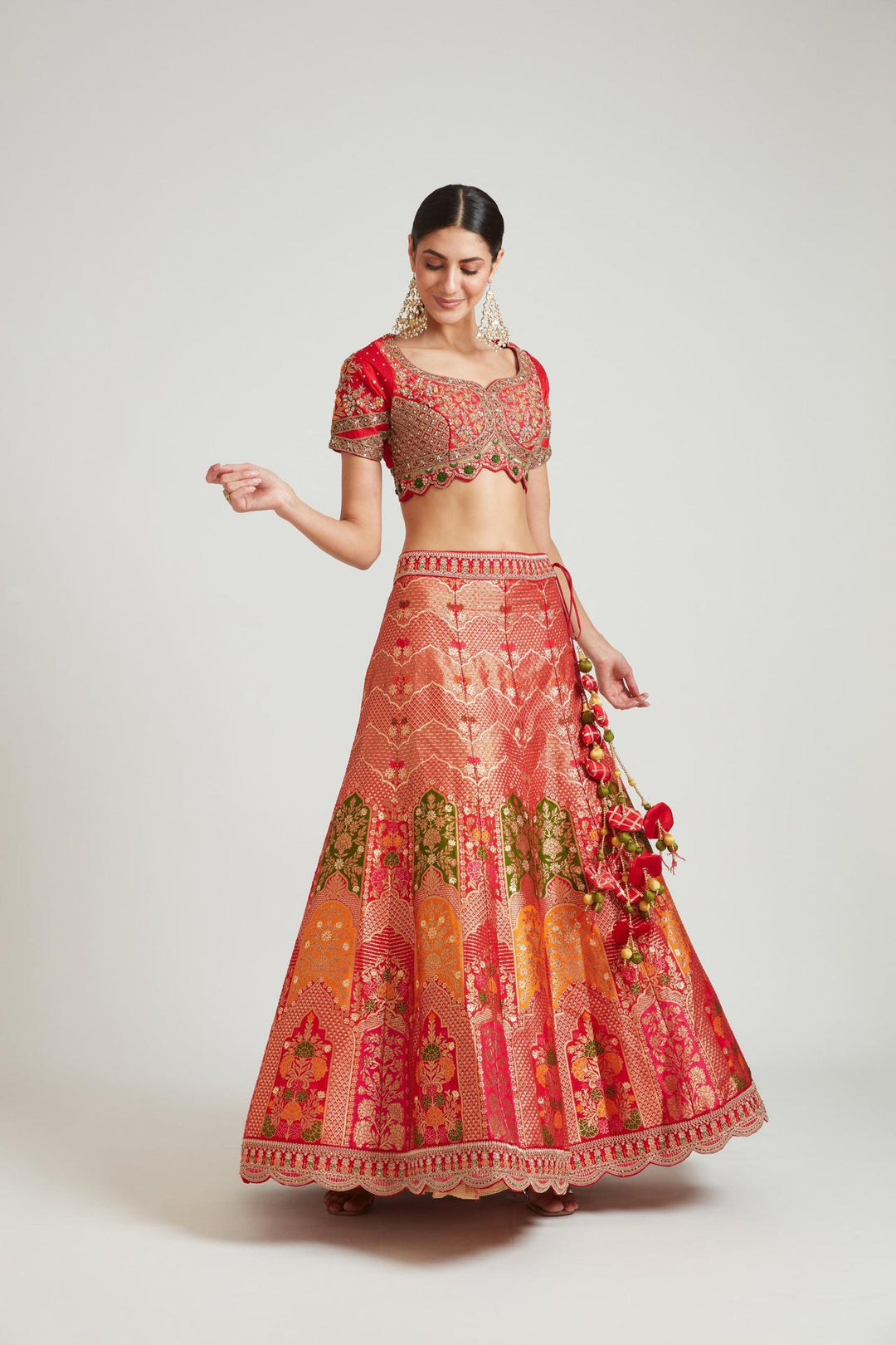 Neerus Red Banarasi woven lehenga choli set - detail view 1