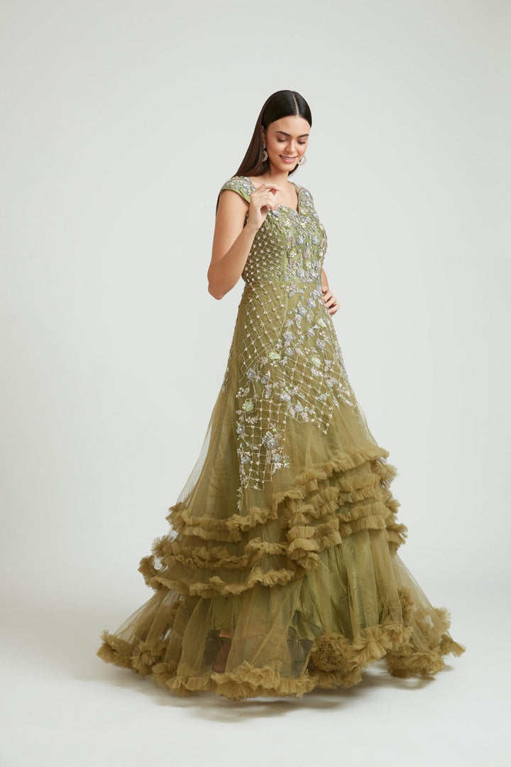 Neerus Green Banarasi woven gown with dupatta - front view