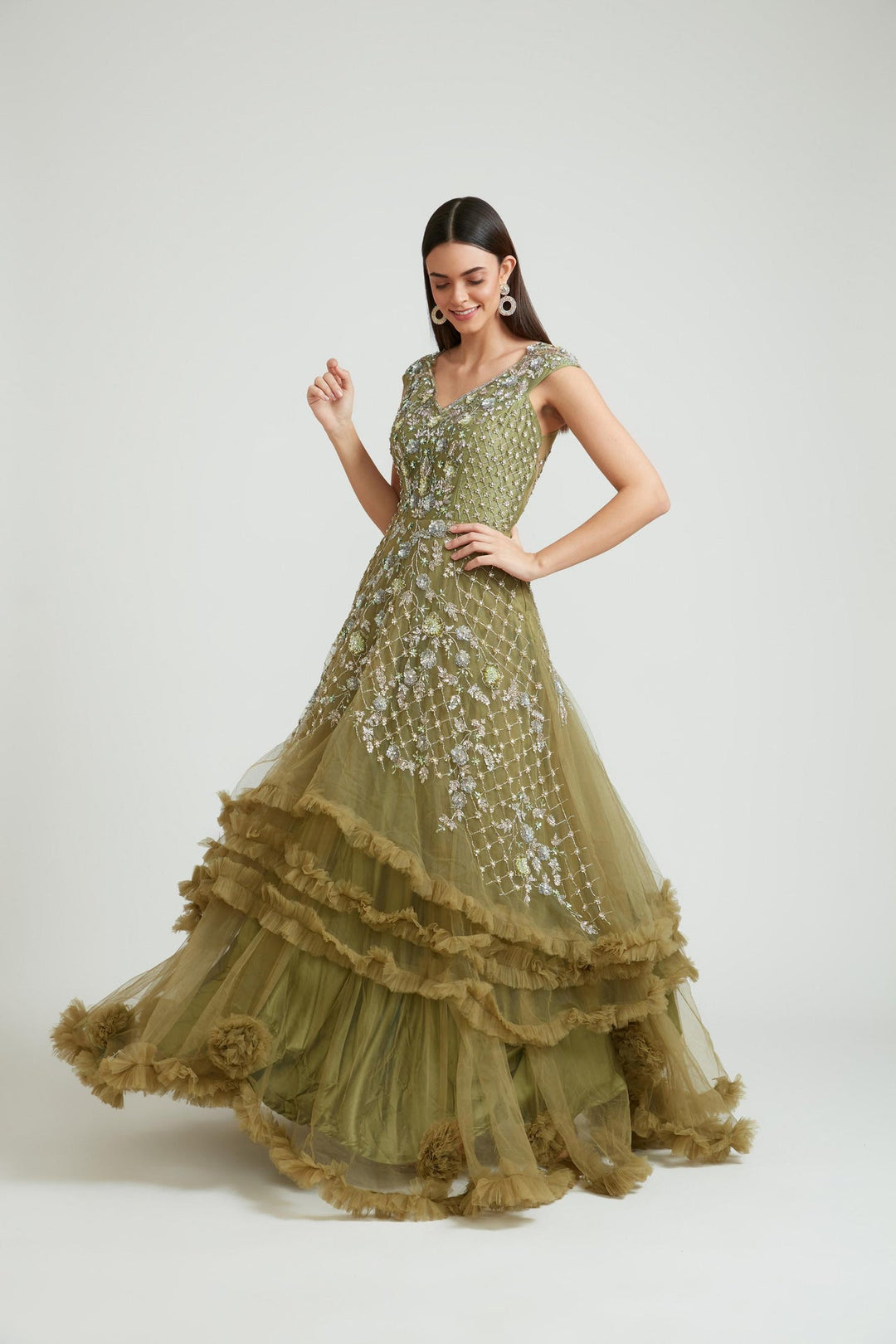 Neerus Green Banarasi woven gown with dupatta - back view