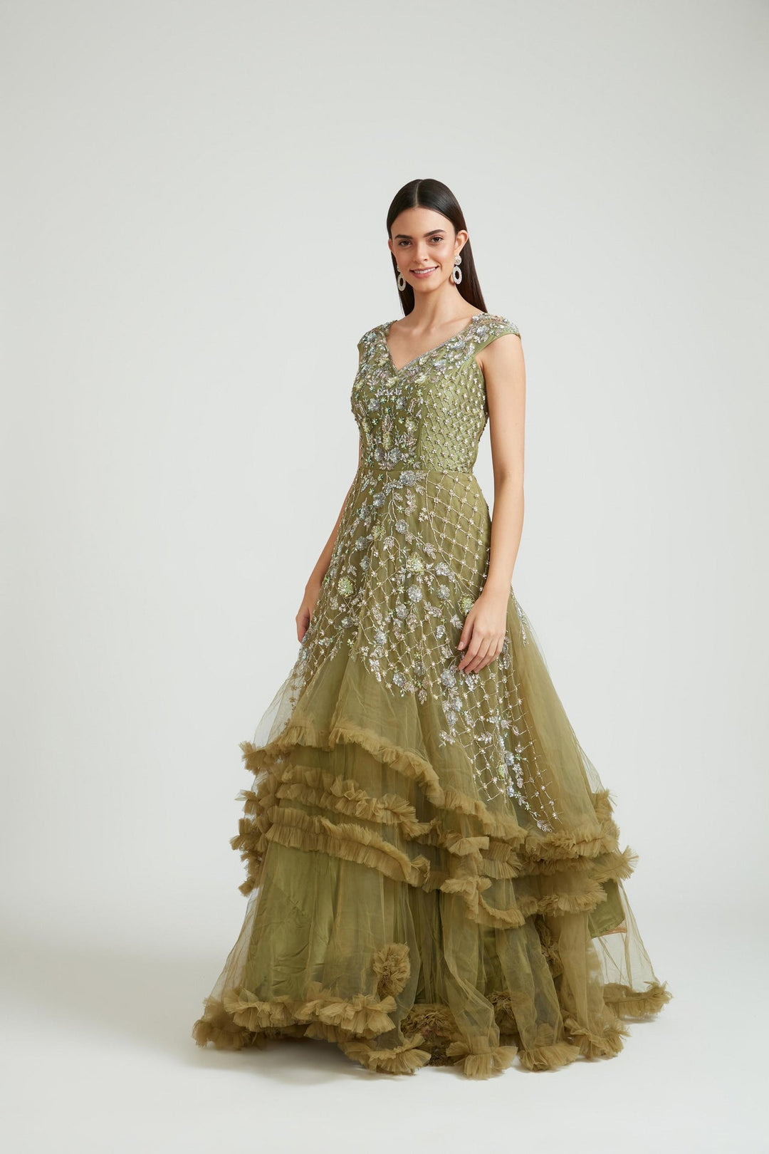 Neerus Green Banarasi woven gown with dupatta - side view