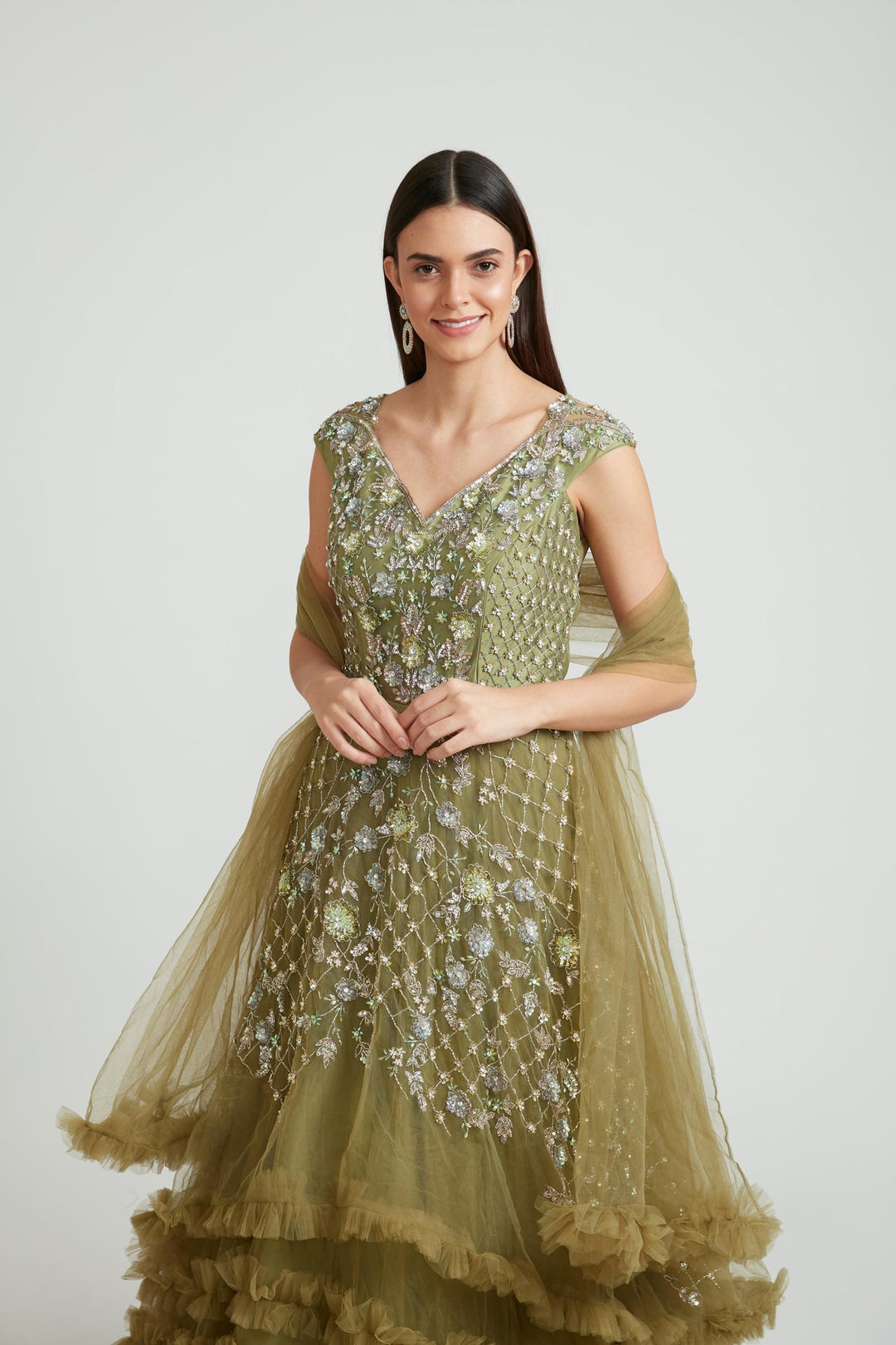 Neerus Green Banarasi woven gown with dupatta - detail view 1