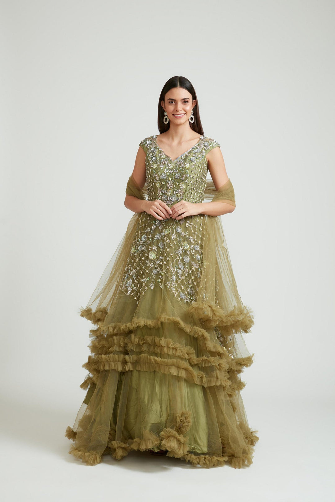 Neerus Green Banarasi woven gown with dupatta - detail view 2