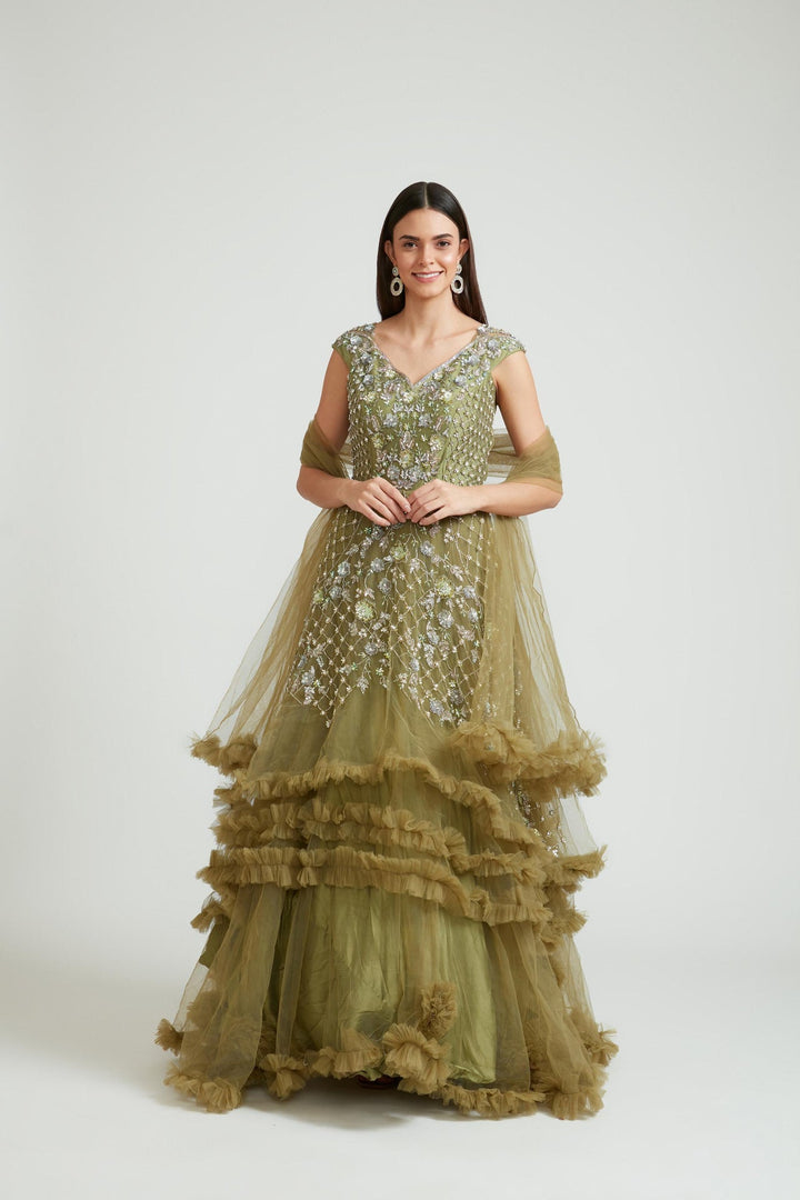 Neerus Green Banarasi woven gown with dupatta - detail view 2