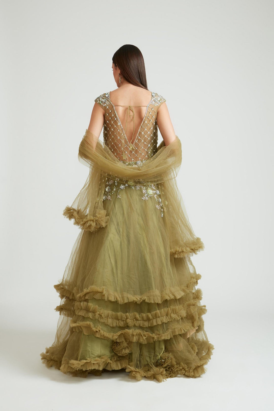 Neerus Green Banarasi woven gown with dupatta - detail view 3
