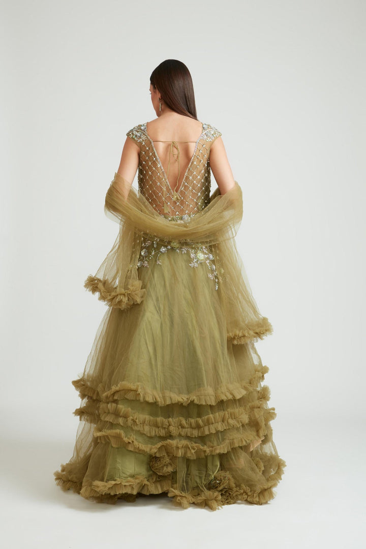 Neerus Green Banarasi woven gown with dupatta - detail view 3