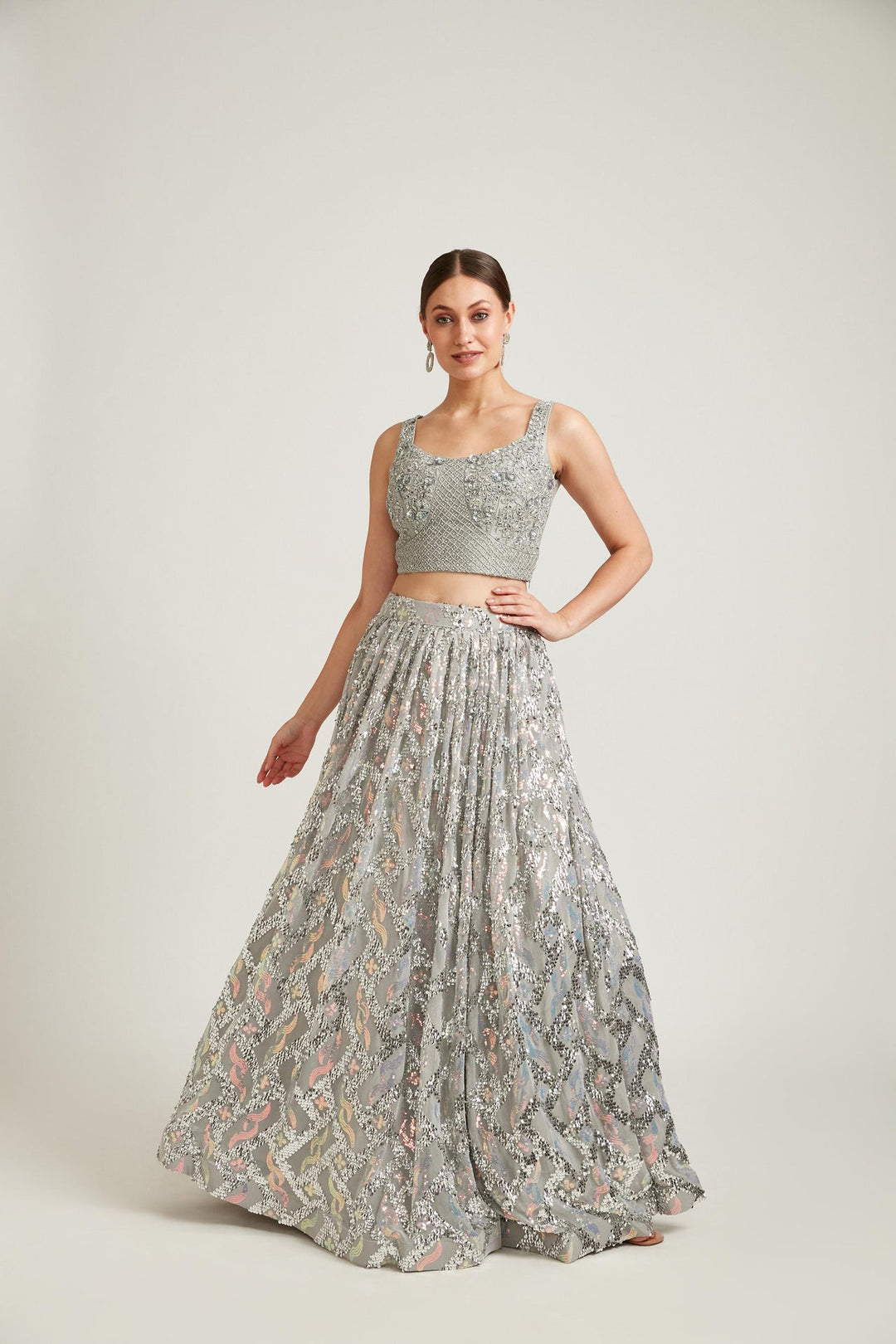 Neerus Grey net embellished lehenga choli set - front view