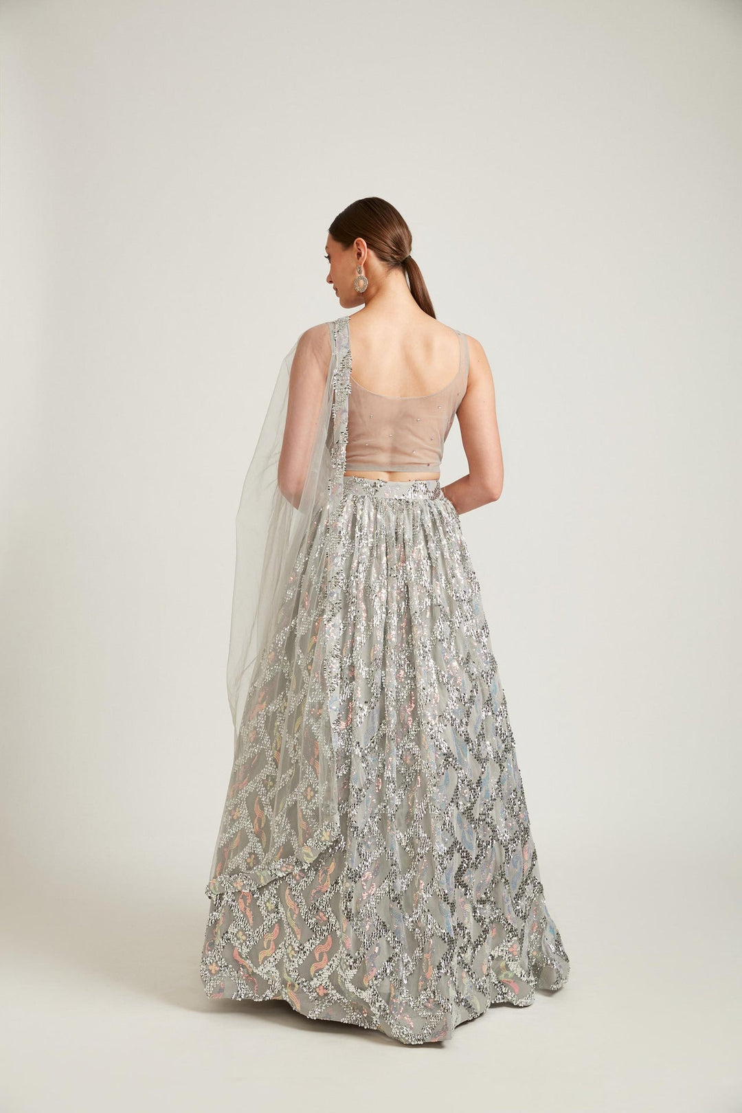 Neerus Grey net embellished lehenga choli set - side view
