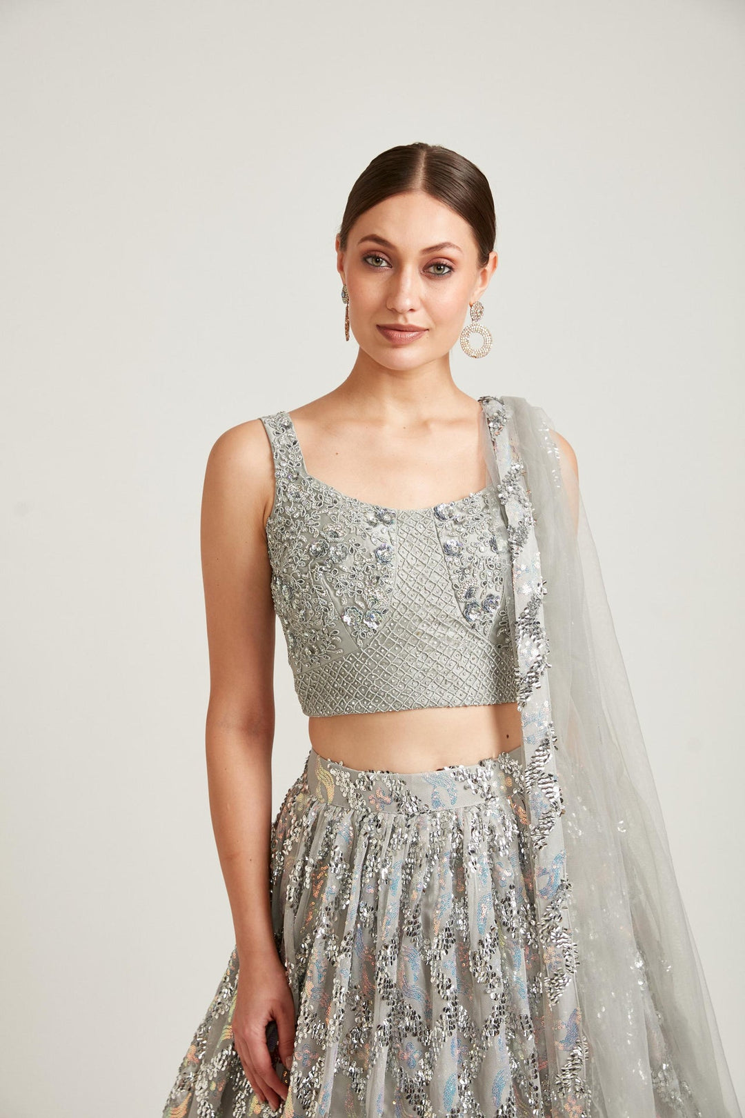 Neerus Grey net embellished lehenga choli set - detail view 1