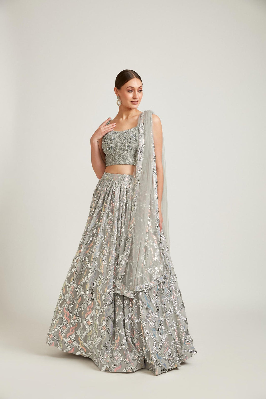 Neerus Grey net embellished lehenga choli set - detail view 2