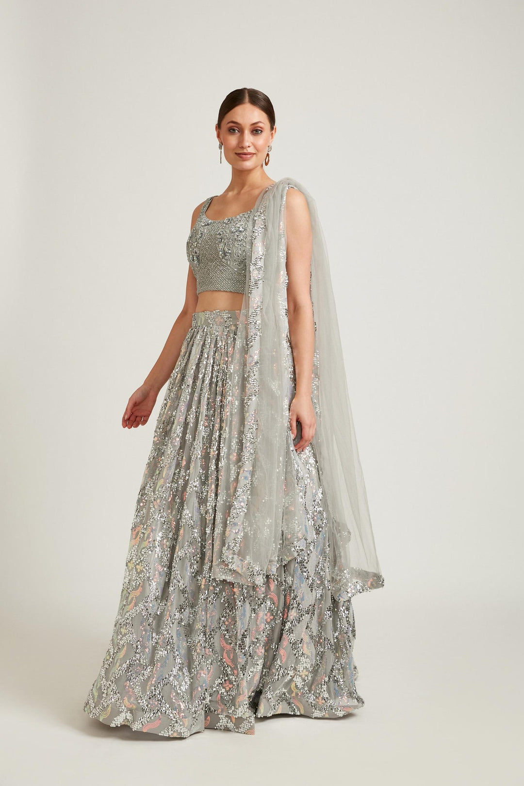Neerus Grey net embellished lehenga choli set - detail view 3