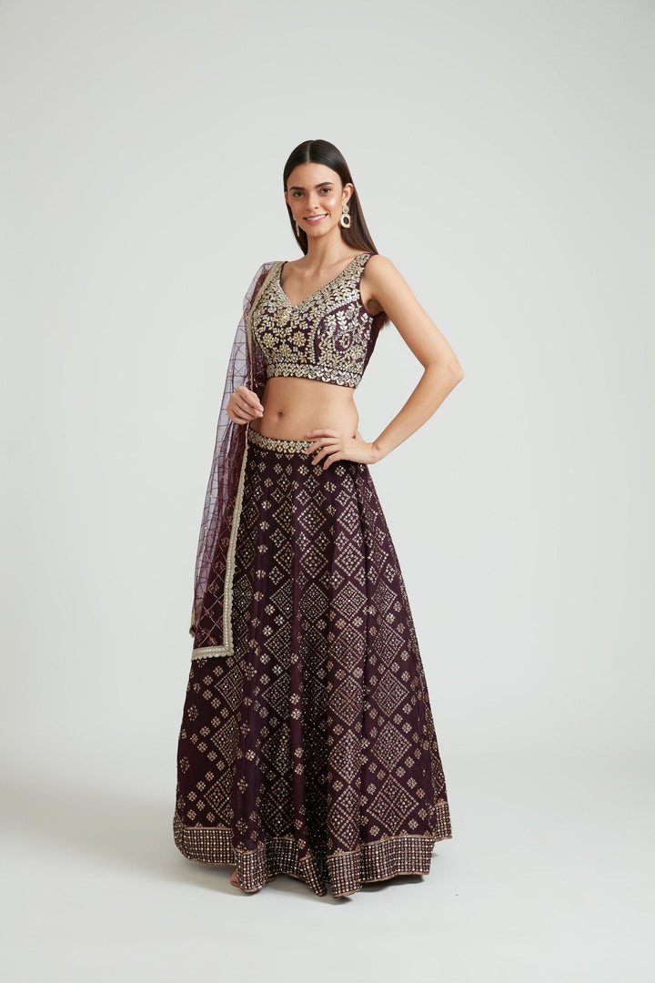 Neerus Maroon Banarasi woven lehenga choli set - front view