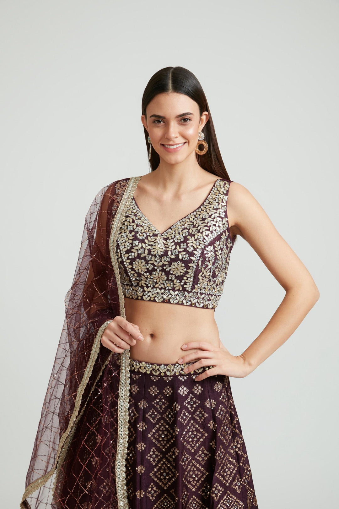 Neerus Maroon Banarasi woven lehenga choli set - back view