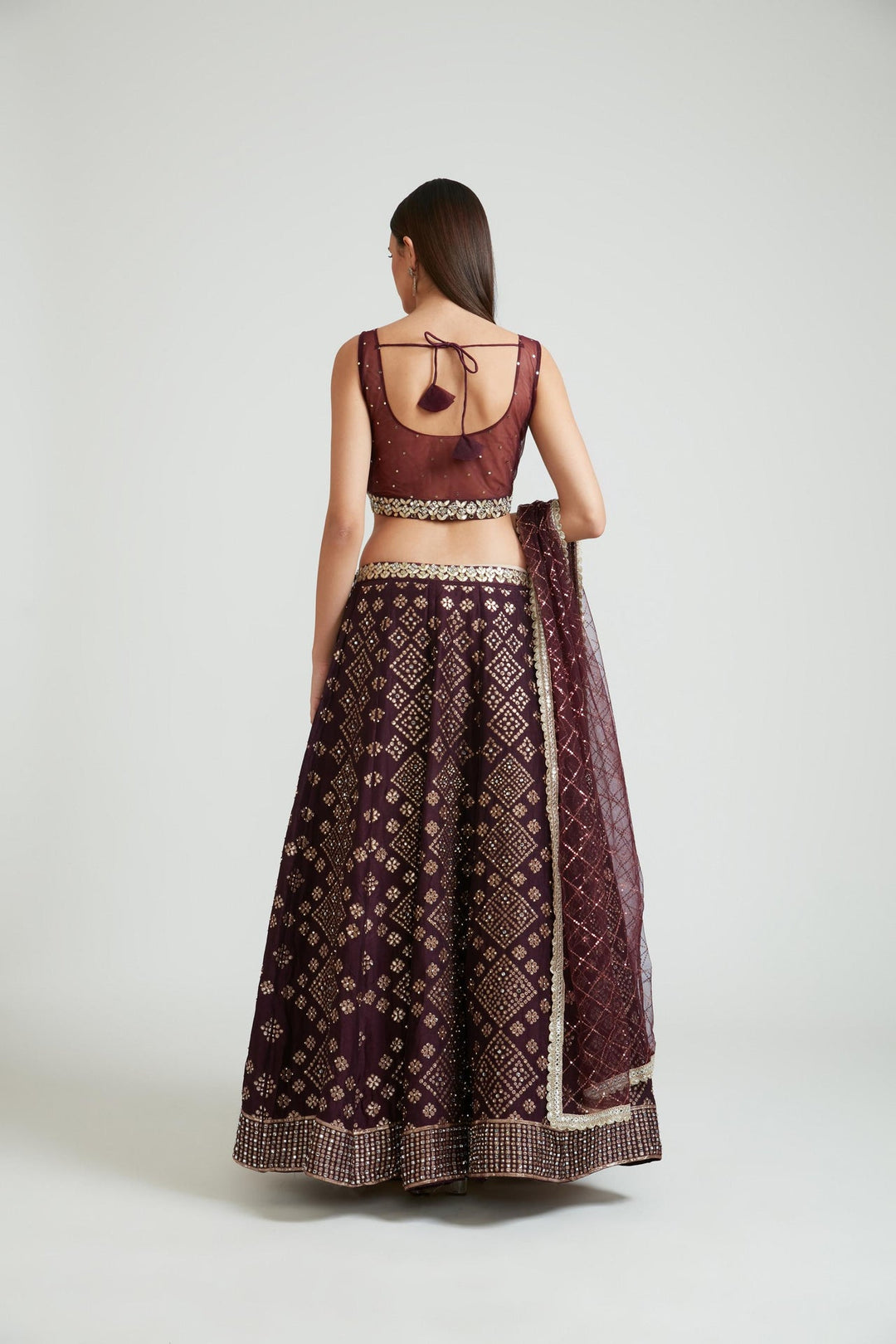 Neerus Maroon Banarasi woven lehenga choli set - side view
