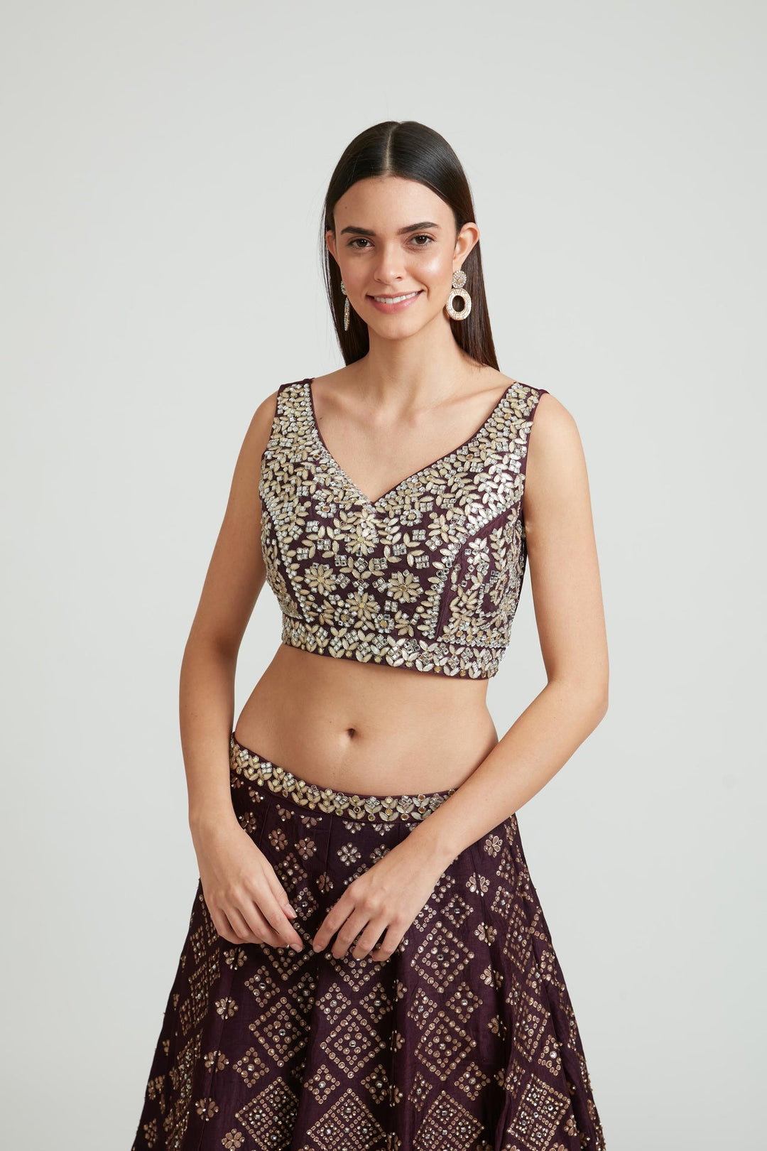 Neerus Maroon Banarasi woven lehenga choli set - detail view 1
