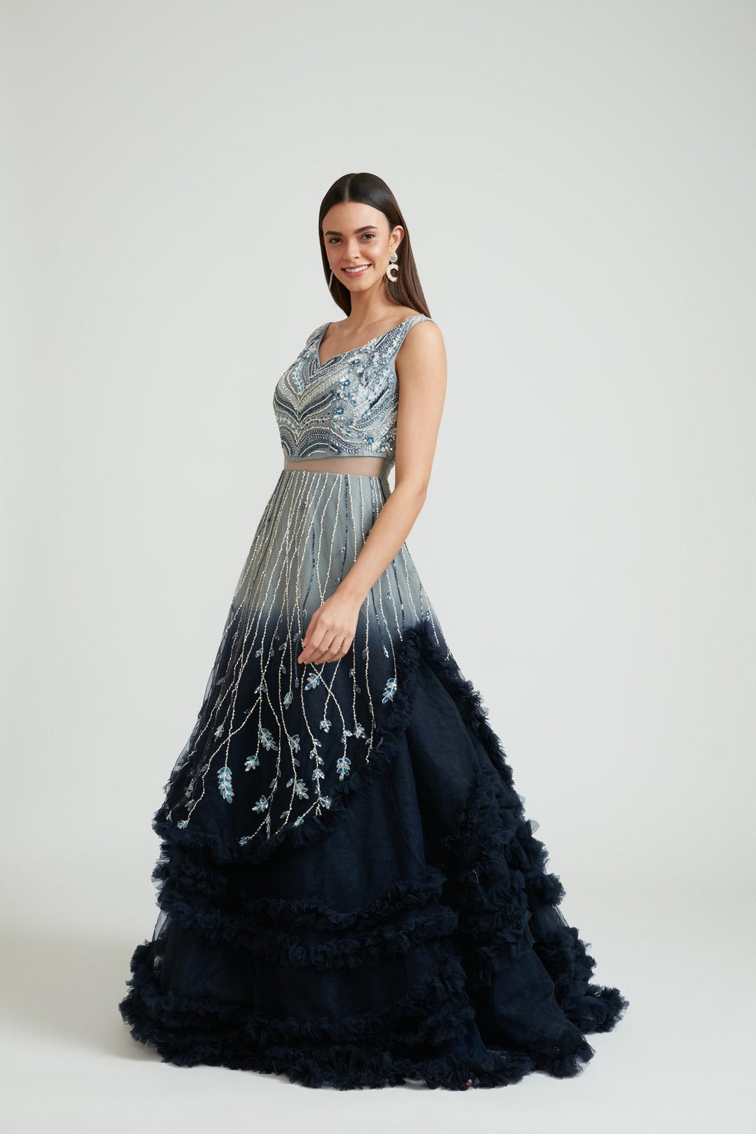 Neerus Grey net embroidered gown - front view