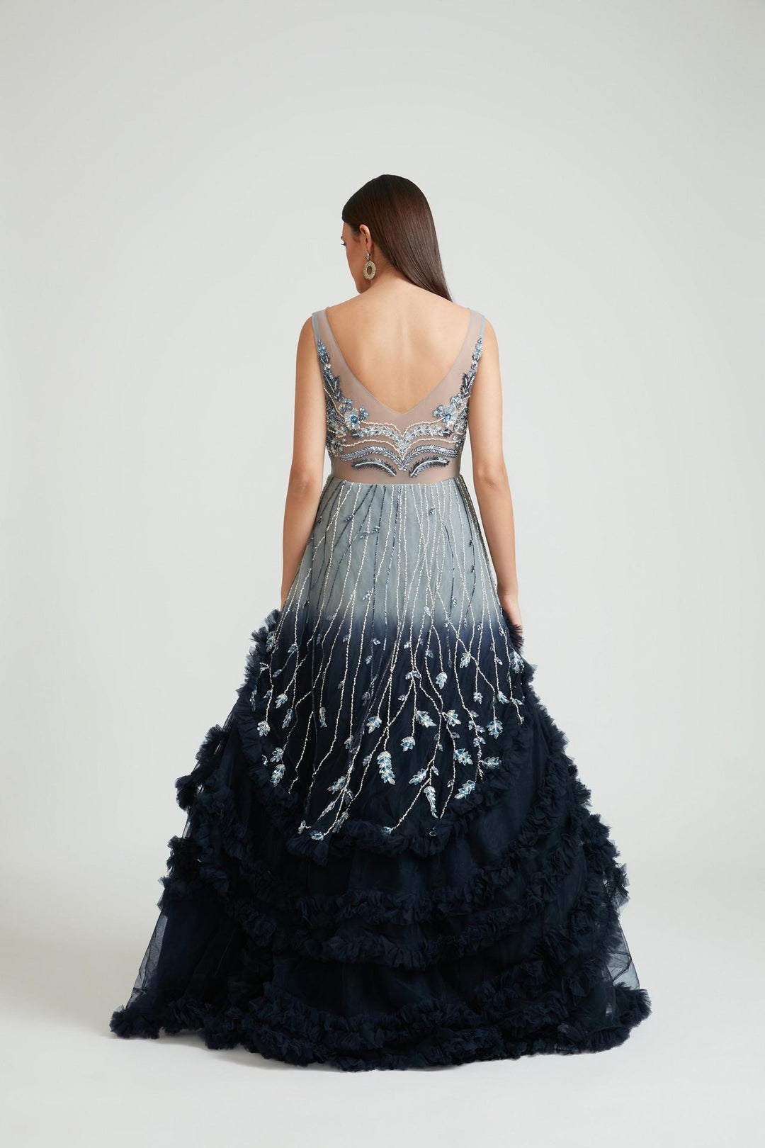 Neerus Grey net embroidered gown - back view