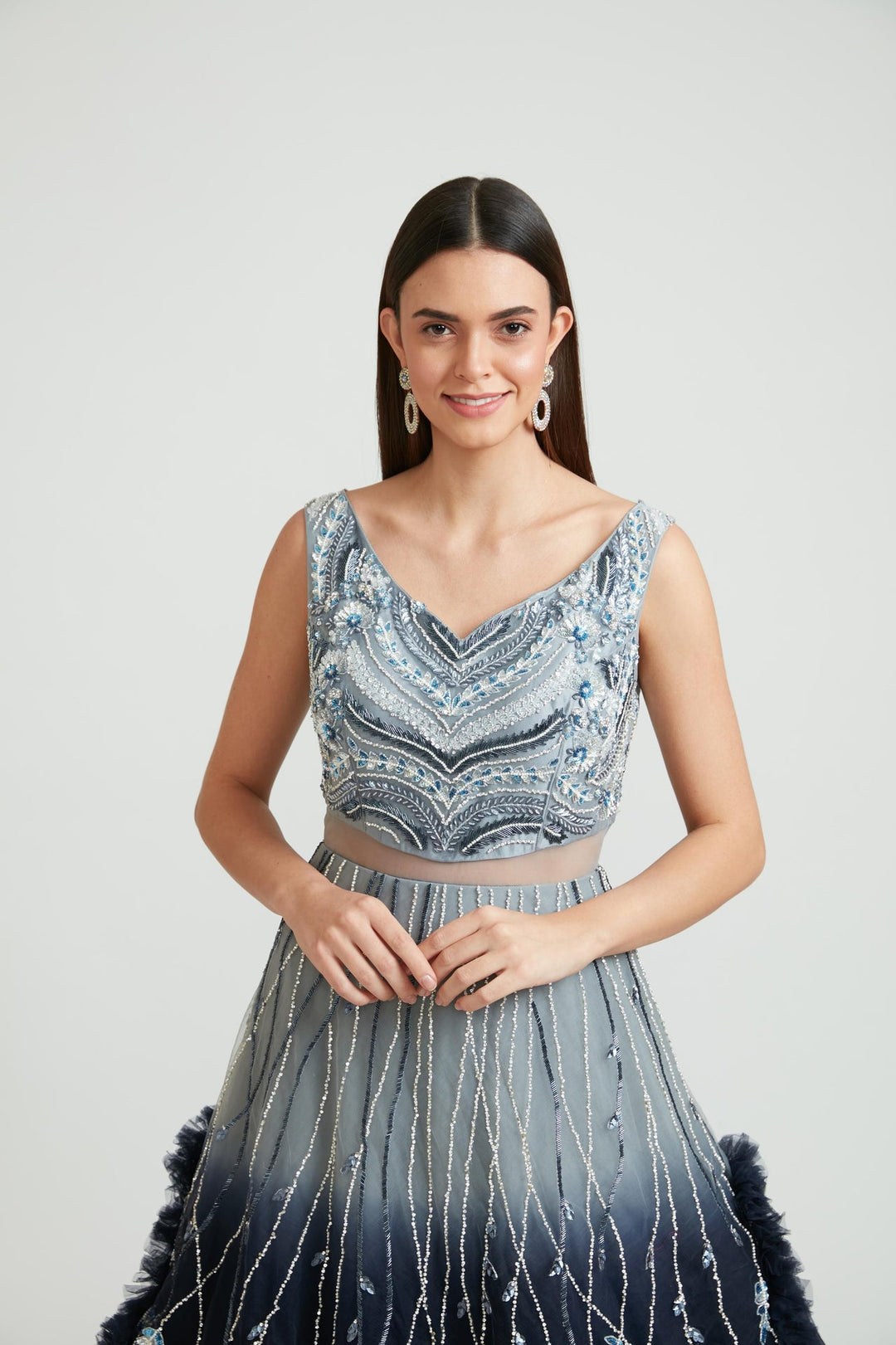 Neerus Grey net embroidered gown - side view