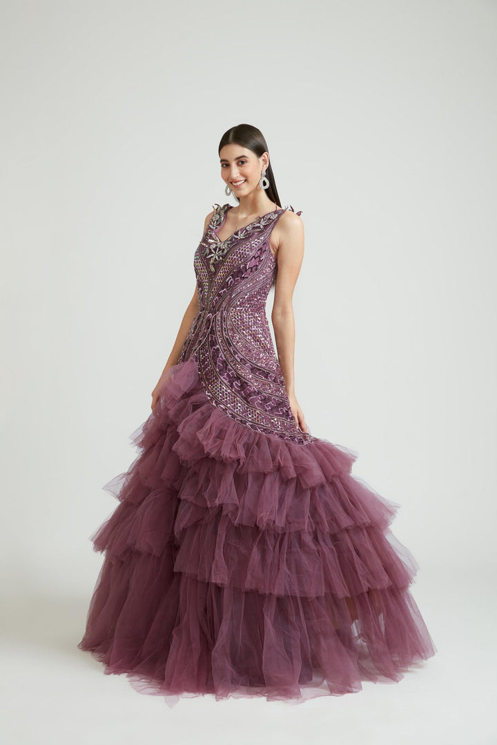 Neerus Maroon net embroidered gown - front view
